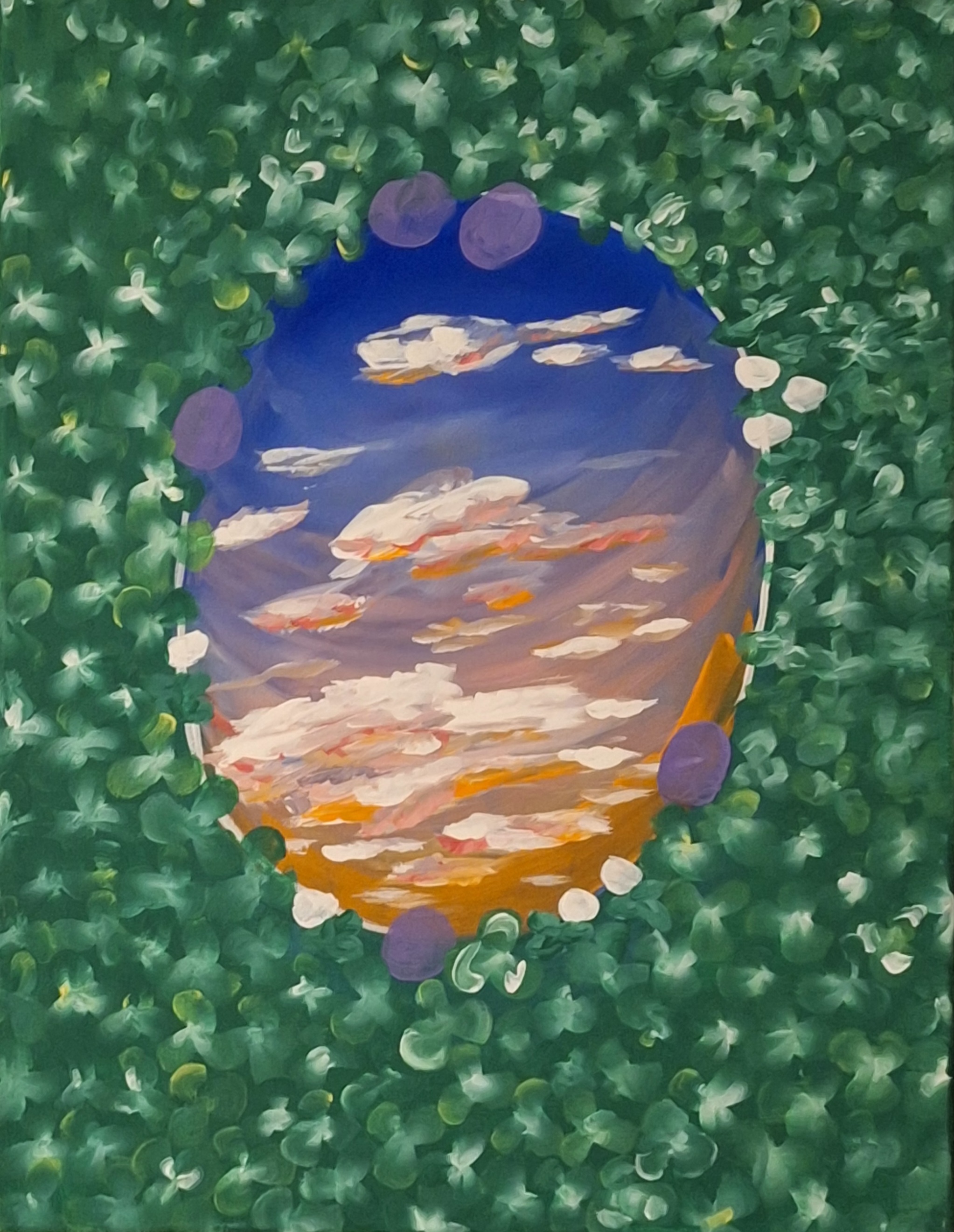 A mirror reflects the sunset sky from a bed of clover.