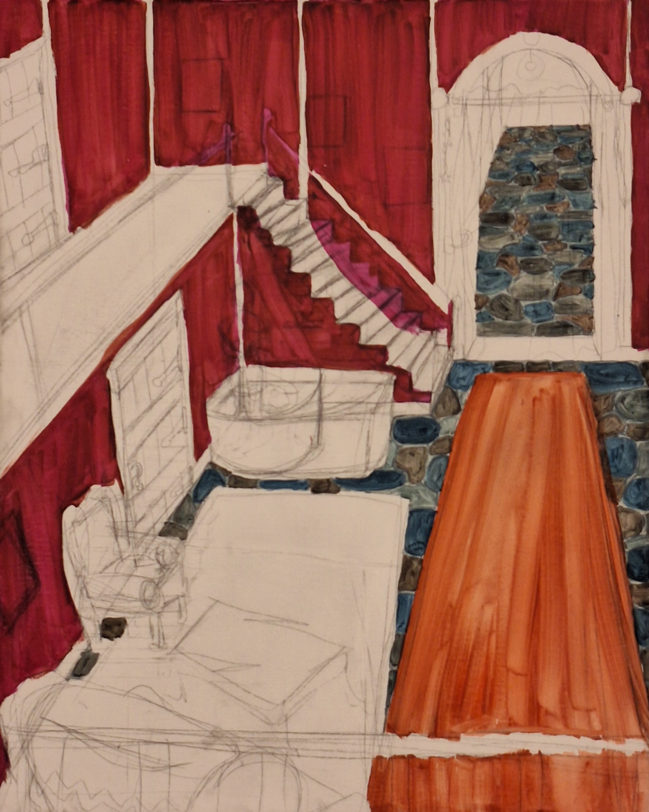 An unfinished painting of a fancy foyer.